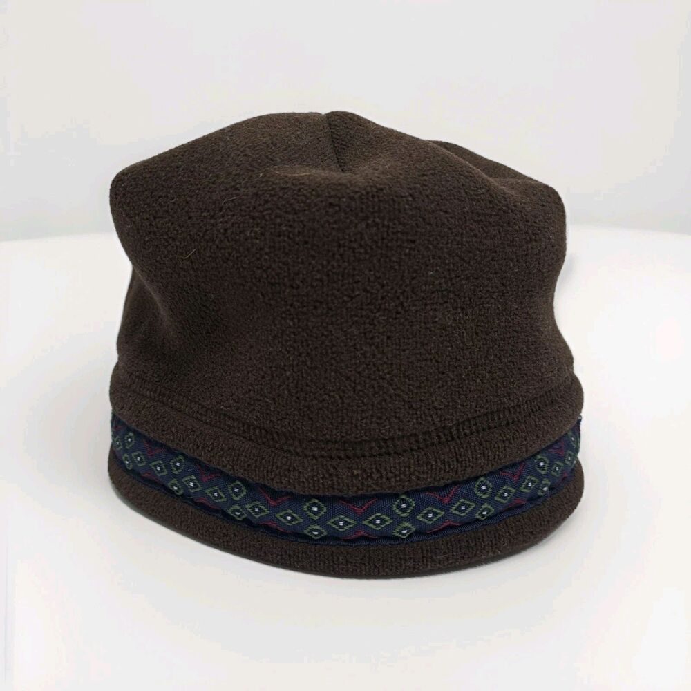 LL Bean Fleece Beanie Adjustable Strap Brown Winter Aztec Ski Hat Cap Vintage